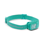 Black Diamond Cosmo headlamp in Clean Green teal color, angled view showing full strap