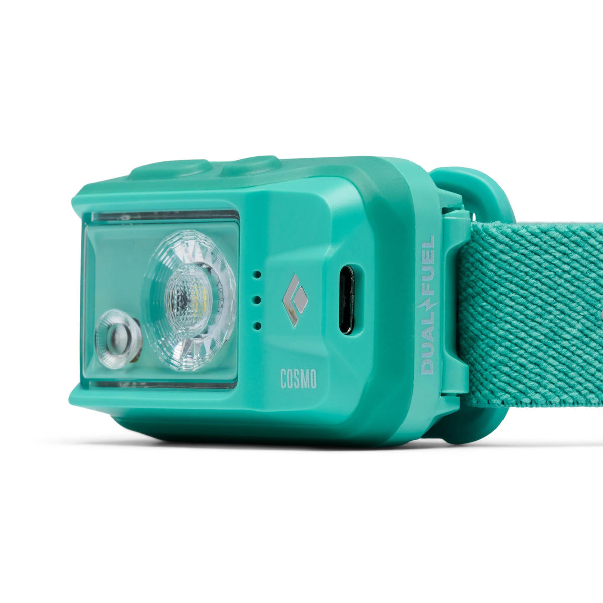 Black Diamond Cosmo Dual Fuel headlamp side angle view showing USB-C charging port in teal green
