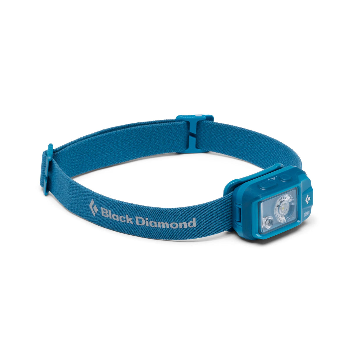 Black Diamond Cosmo headlamp in Desert Sky blue with adjustable headband, angled view