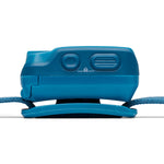 Black Diamond Cosmo headlamp top view showing power button controls and lock icon in Desert Sky blue