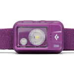 Black Diamond Cosmo headlamp front view showing dual LED lights in Piton Purple