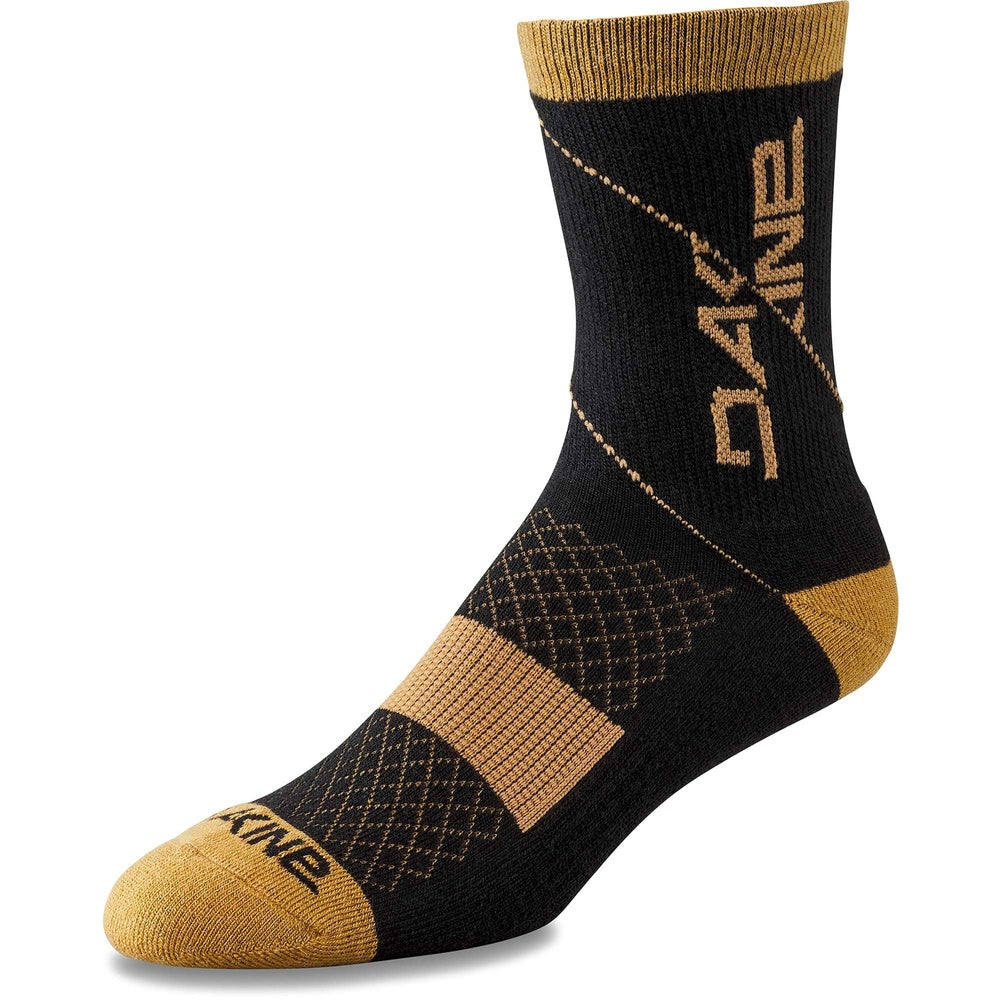 Dakine Singletrack Crew Sock in black with tan gold accents and logo detailing