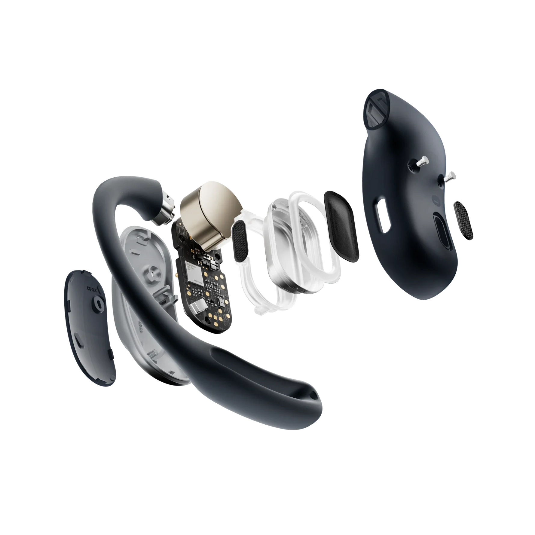 Shokz OpenFit Air black wireless earbuds exploded view showing internal components
