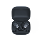 Black Shokz wireless earbuds displayed in open charging case on white background