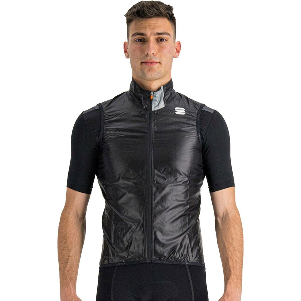 Man wearing black Sportful Hot Pack Easylight cycling vest on white background