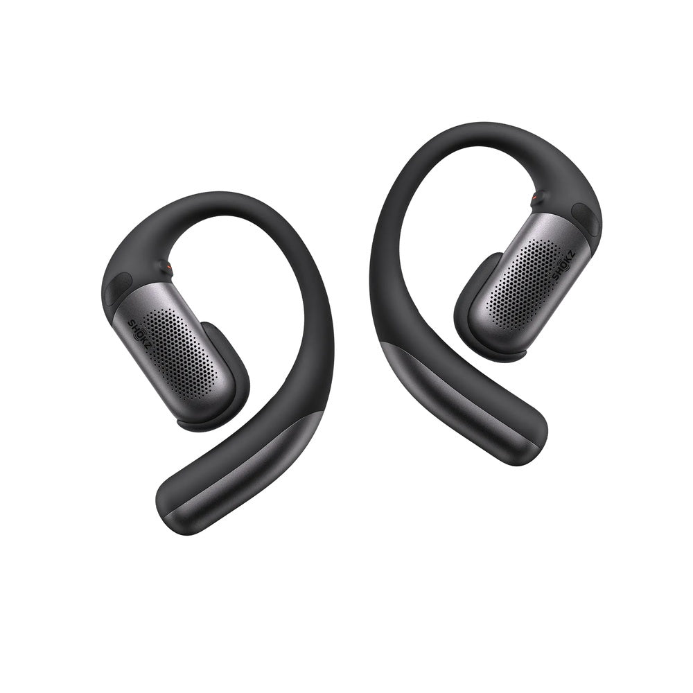 Shokz OpenFit Pro wireless earbuds in black with silver mesh grilles