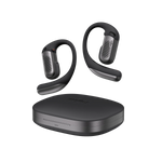Shokz OpenFit Pro wireless earbuds in black floating above charging case
