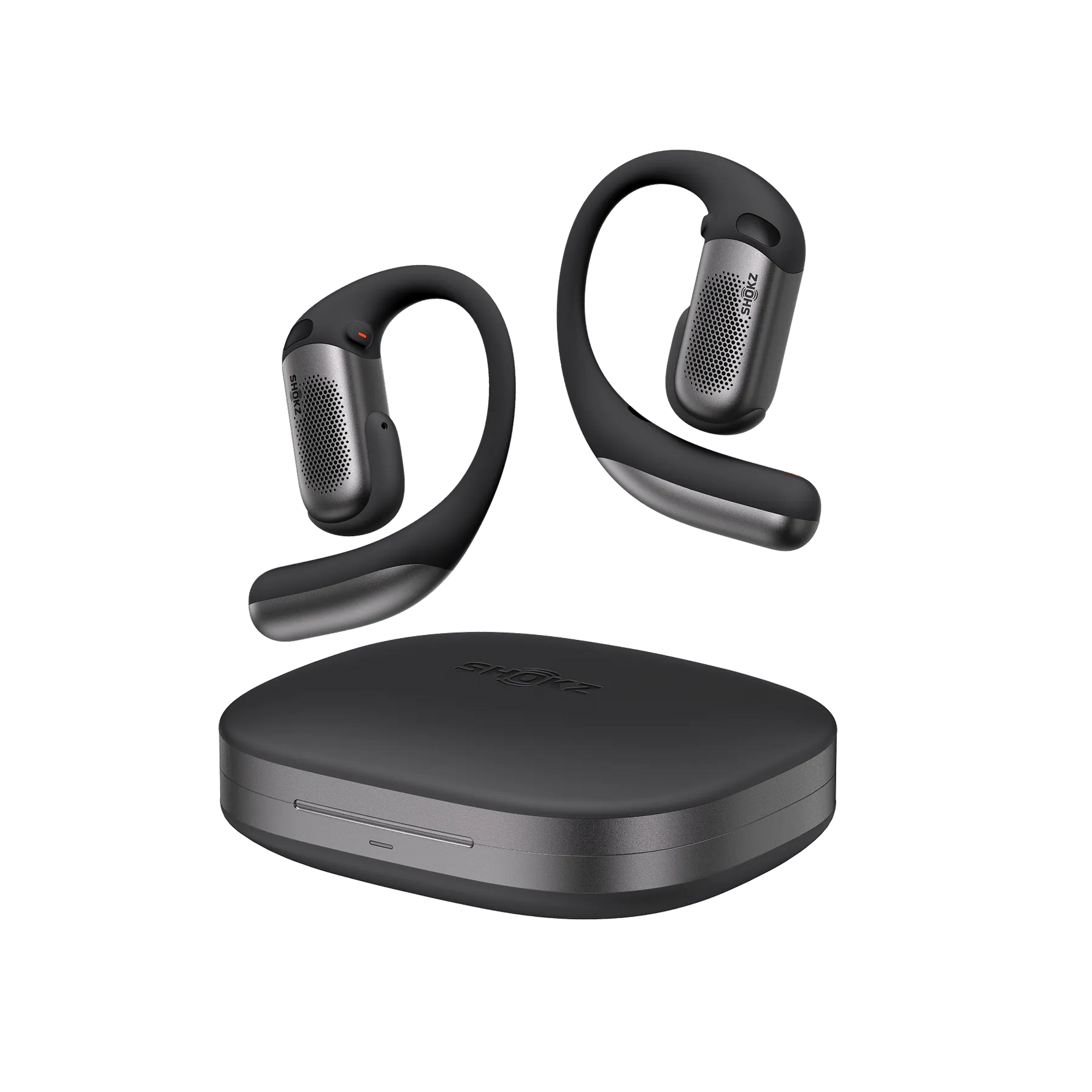 Shokz OpenFit Pro wireless earbuds in black floating above charging case