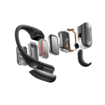 Shokz OpenFit Pro black wireless earbuds exploded view showing internal components