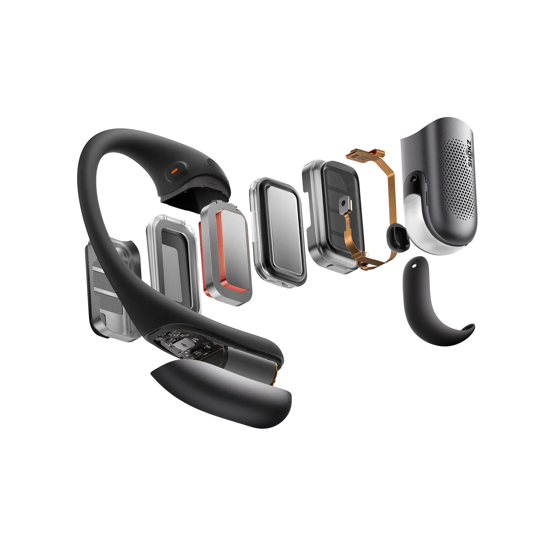 Shokz OpenFit Pro black wireless earbuds exploded view showing internal components