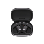 Shokz OpenFit Pro black wireless earbuds in open charging case with studio lighting