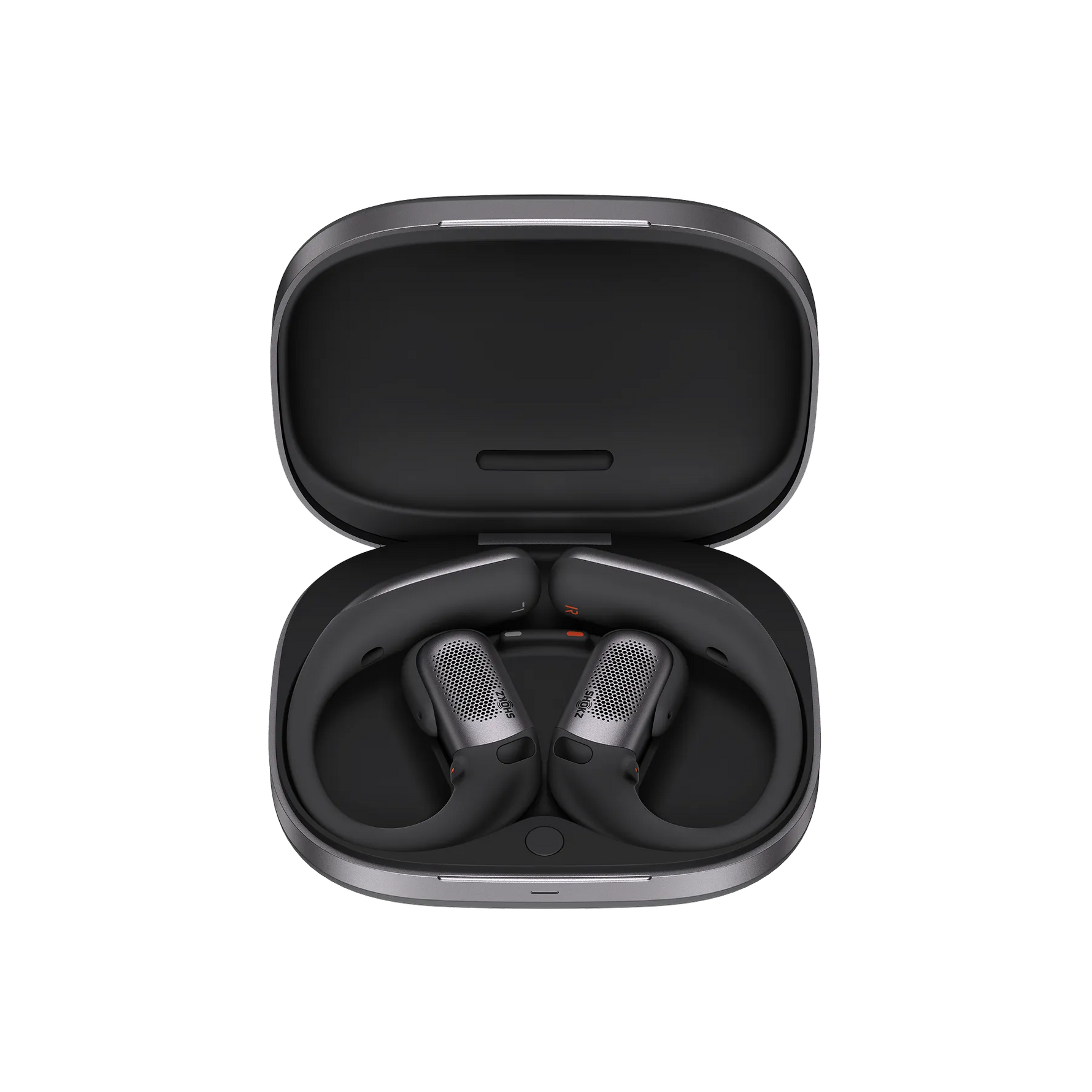 Shokz OpenFit Pro black wireless earbuds in open charging case with studio lighting