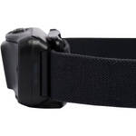 Black Diamond Astro headlamp side detail showing Dual Fuel text and elastic strap connection