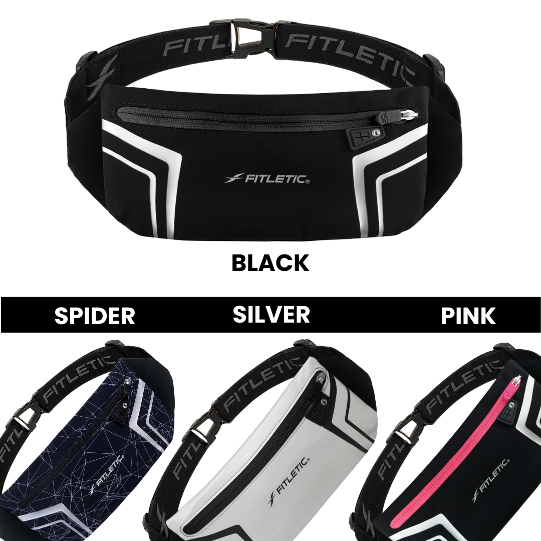 Fitletic Blitz Sports Belt shown in Black, Spider, Silver, and Pink colorways