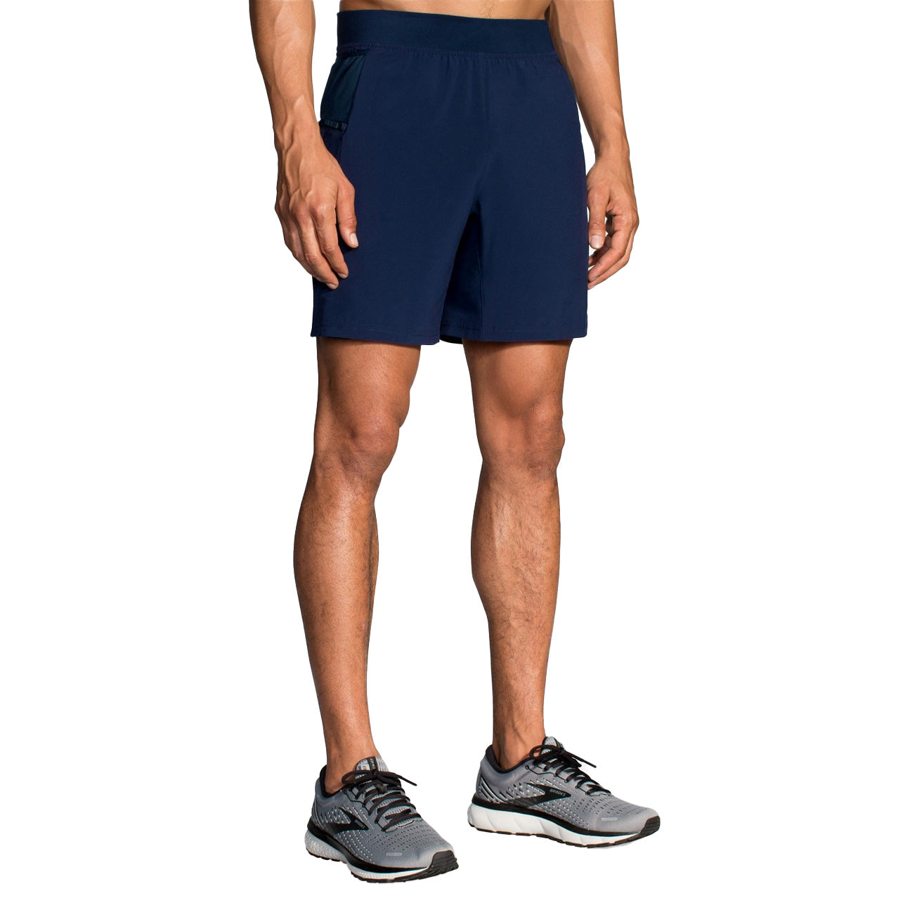 Brooks men's navy blue athletic running shorts with professional studio photography