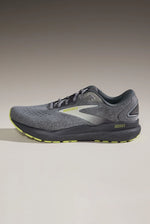 Brooks Ghost 16 men's running shoe in grey with lime accents, side profile view