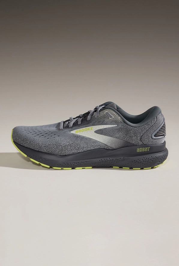 Brooks Ghost 16 men's running shoe in grey with lime accents, side profile view