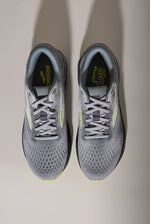 Brooks Ghost 16 men's running shoes in grey with lime accents on clean background