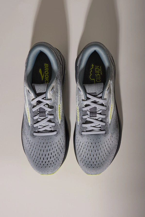 Brooks Ghost 16 men's running shoes in grey with lime accents on clean background