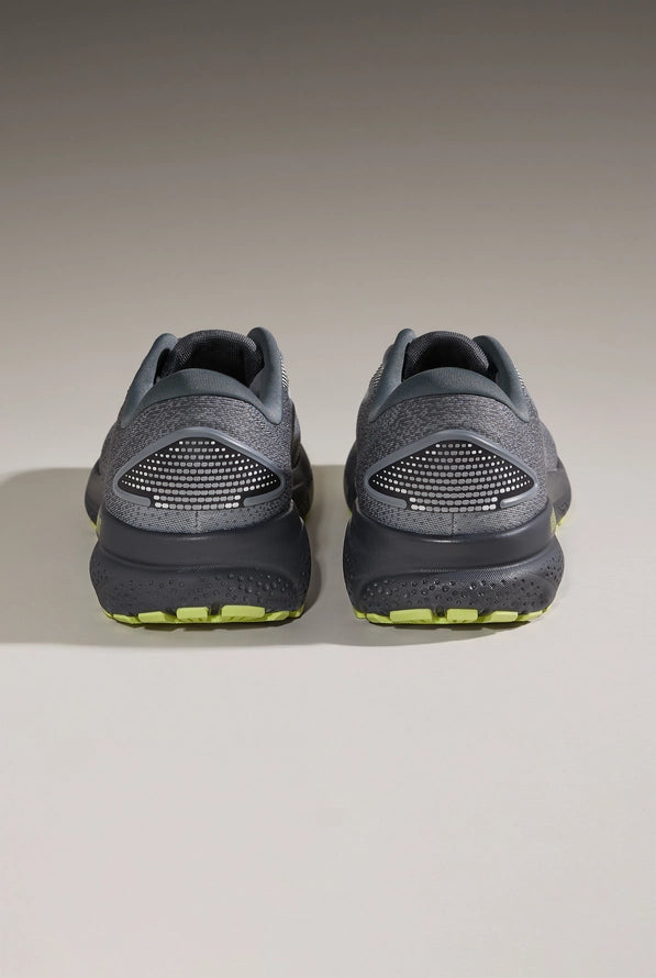 Brooks Ghost 16 men's running shoes in grey with lime accents, rear view