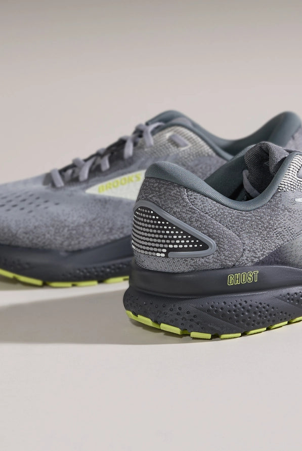Brooks Ghost 16 running shoes in grey with lime green accents