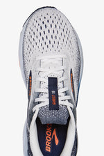 Brooks Ghost 16 men's running shoe in white with navy and orange accents