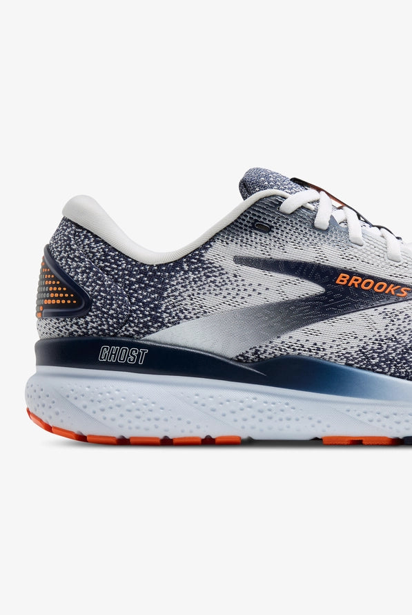 Brooks Ghost 16 men's running shoe in white, navy and orange colorway