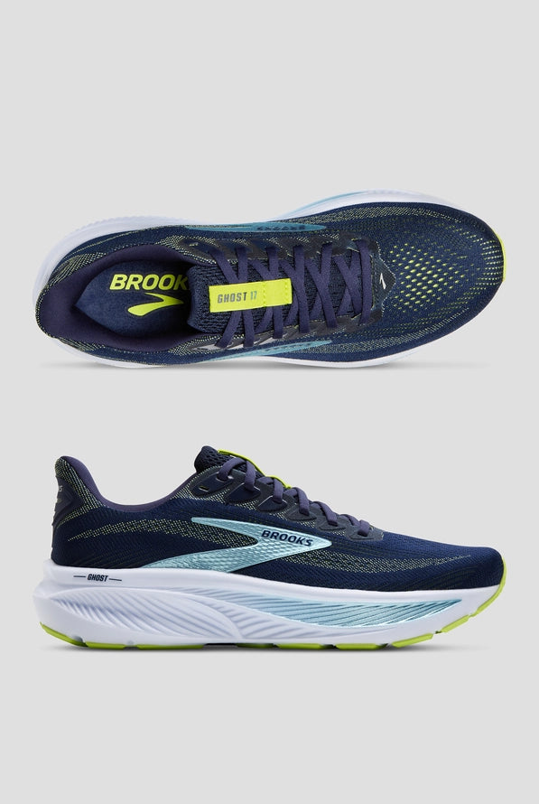 Brooks Ghost 17 men's running shoe in navy, lime, and blue colorway, top and side views
