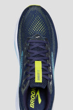Brooks Ghost 17 men's running shoe top view in navy peacoat with lime accents