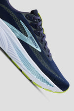 Brooks Ghost 17 men's running shoe in navy peacoat with lime green outsole and blue accents