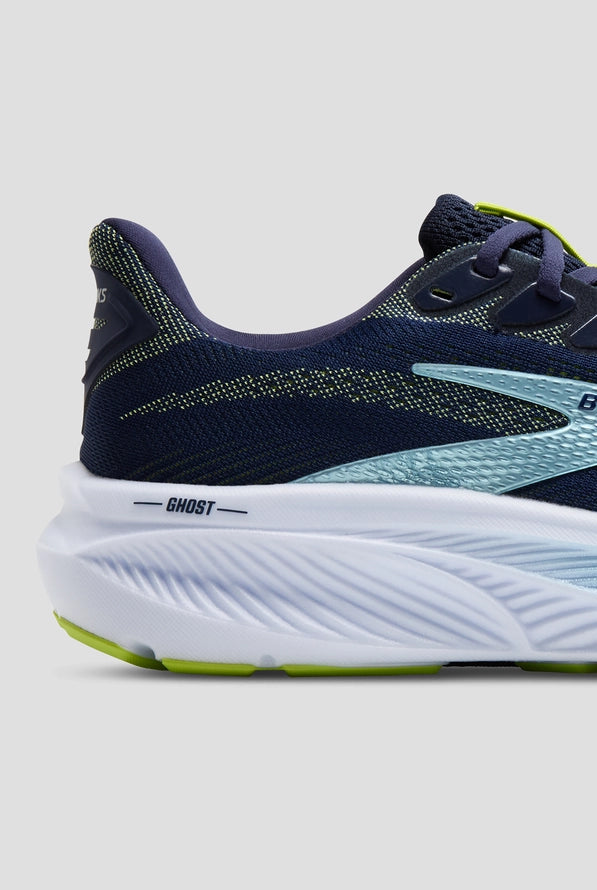 Brooks Ghost 17 men's running shoe in Peacoat, Lime, and Blue colorway close-up view