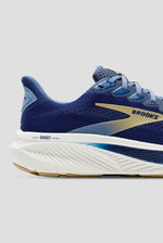 Brooks Ghost running shoe in navy blue with light blue and gold accents