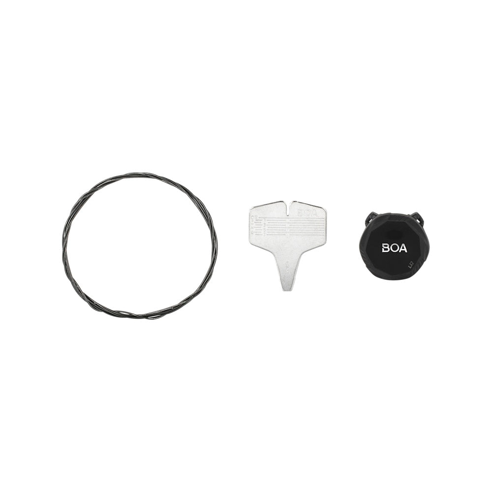 BOA Li2 replacement kit with black cable, dial, and tool on white background