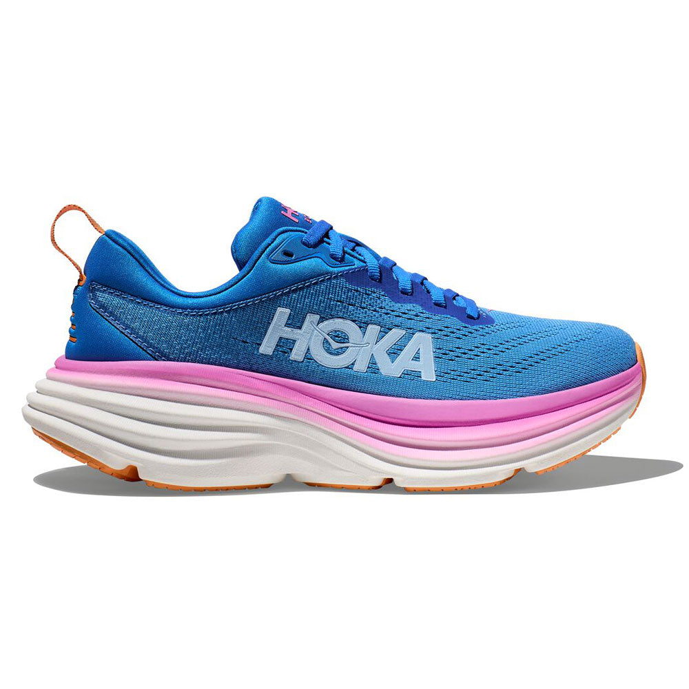 Hoka Bondi 8 women's running shoe in coastal blue with pink midsole