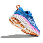 HOKA Bondi 8 women's running shoe in blue with pink midsole and orange sole