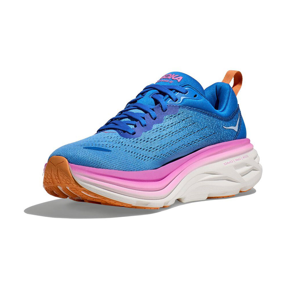 HOKA Bondi 8 women's running shoe in blue with pink midsole