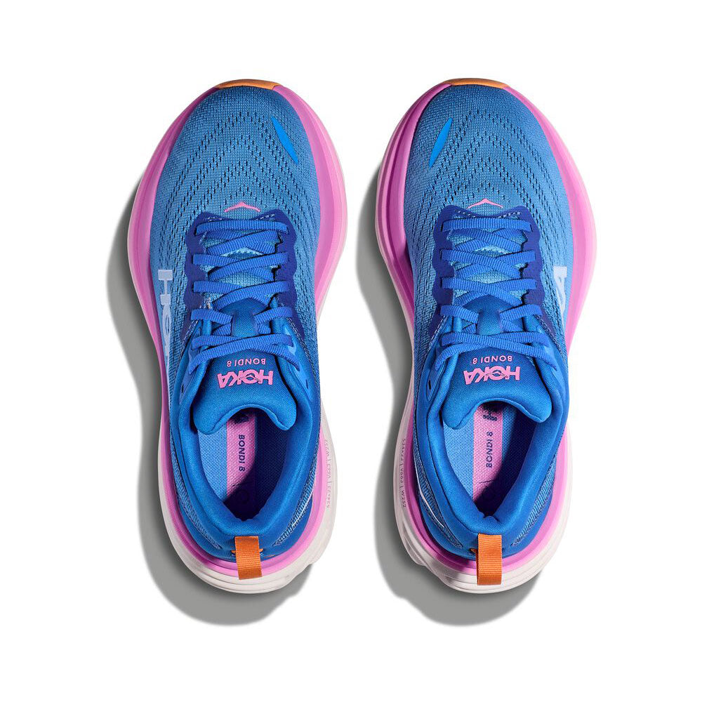 Hoka Bondi 8 women's running shoes in blue and pink colorway