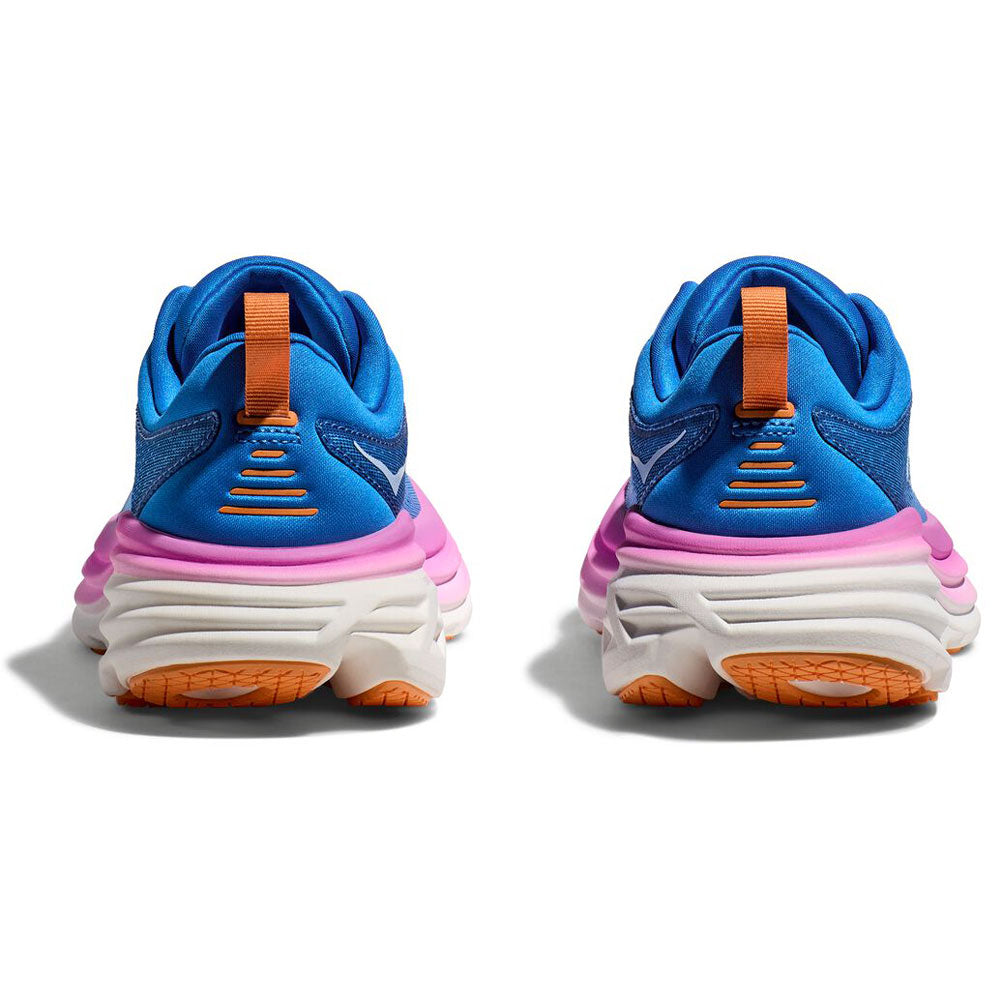 Hoka Bondi 8 women's running shoes in blue and pink colorway, rear view