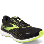 Brooks Ghost 13 men's running shoe in black with bright green accents and white sole