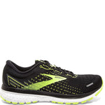 Brooks Ghost 13 men's running shoe in black with bright green accents and white sole