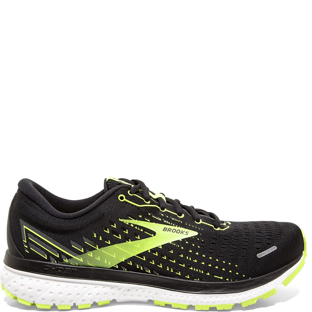 Brooks Ghost 13 men's running shoe in black with bright green accents and white sole