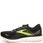 Brooks Ghost 13 men's running shoe in black with bright green accents and white sole