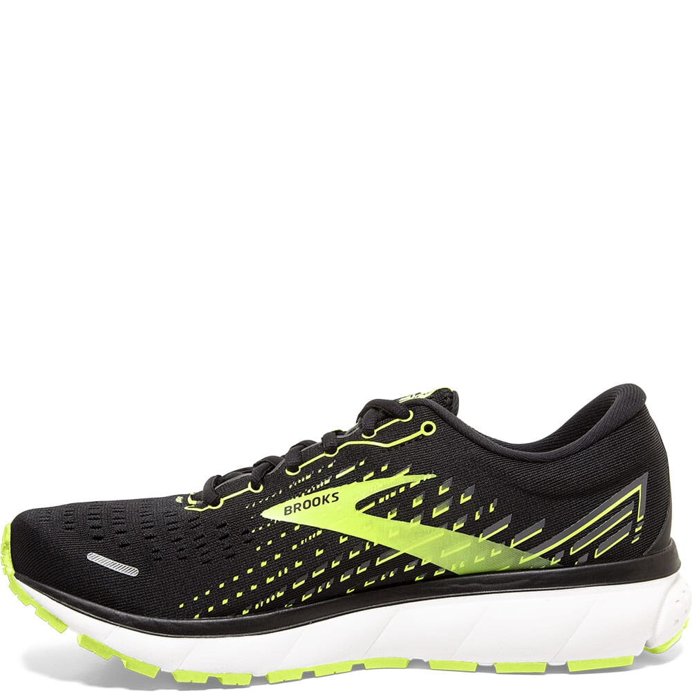 Brooks Ghost 13 men's running shoe in black with bright green accents and white sole