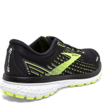 Brooks Ghost 13 men's running shoe in black with bright green accents and white sole