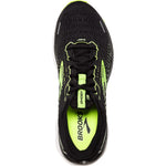 Brooks Ghost 13 men's running shoe top view, black with bright green accents