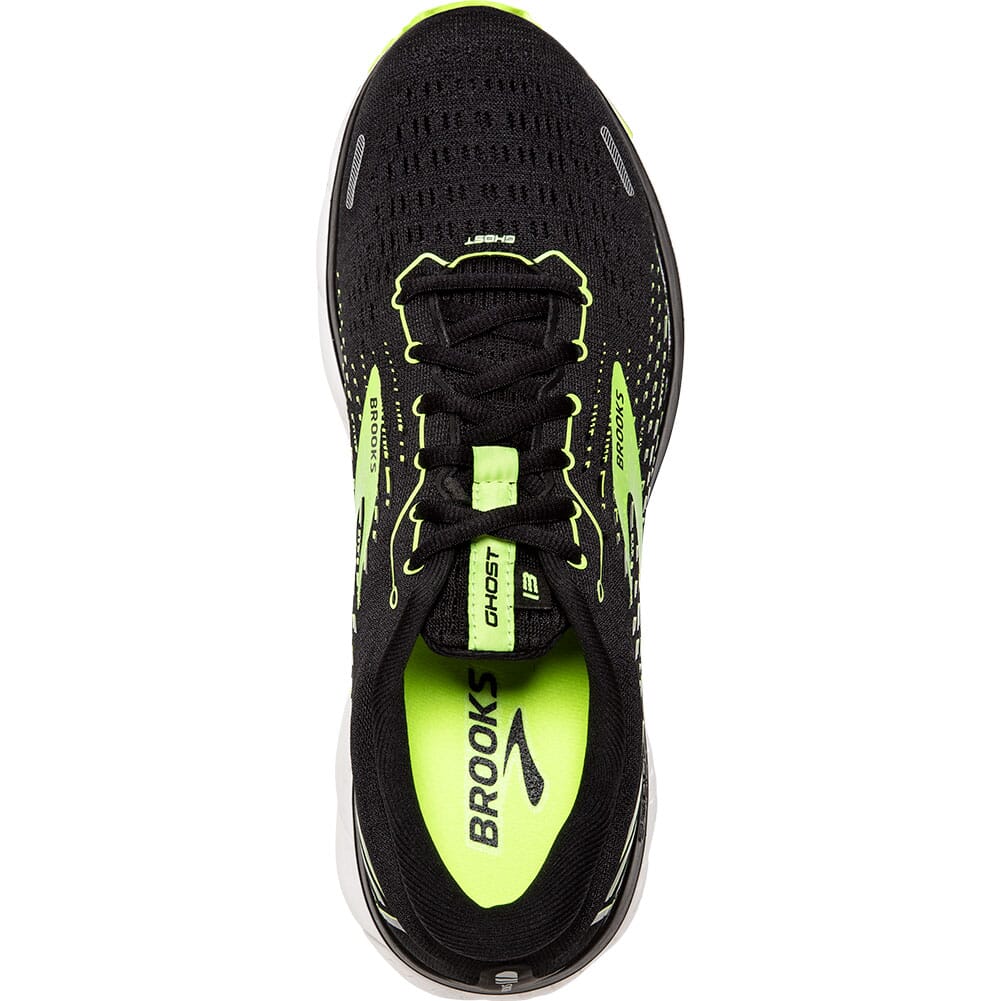 Brooks Ghost 13 men's running shoe top view, black with bright green accents