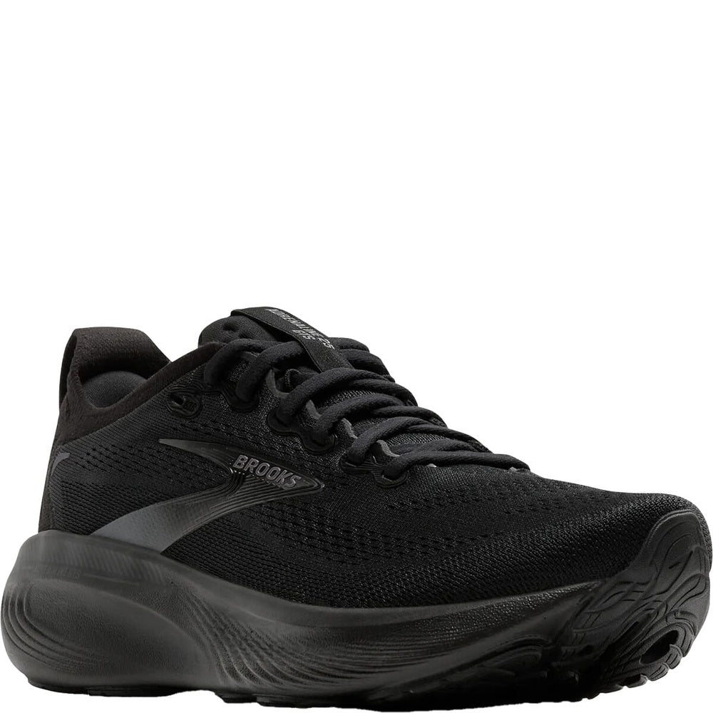 Brooks Adrenaline GTS 25 men's running shoe in all-black colorway, three-quarter view