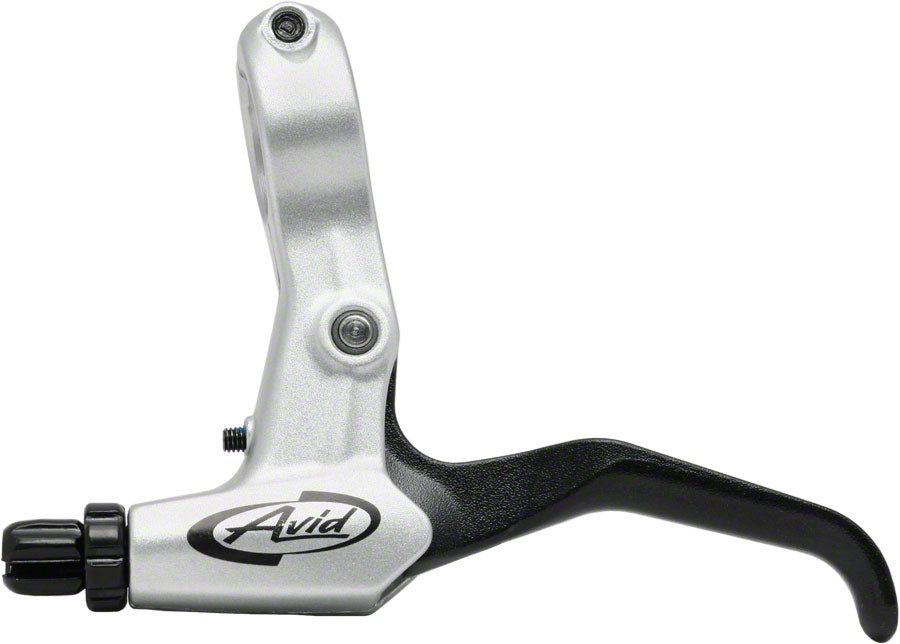 Avid FR-5 brake lever in silver with black rubber grip against white background