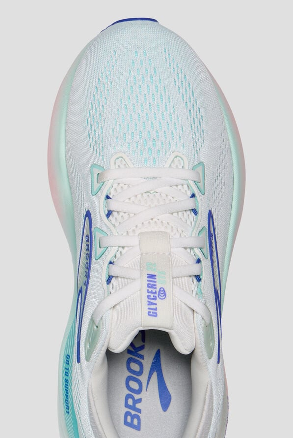 Brooks Glycerin GTS 22 women's running shoe in white with blue accents