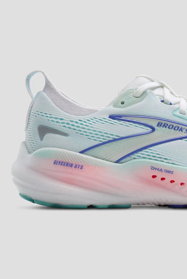 Brooks Glycerin GTS 22 women's running shoe in white and light blue colorway